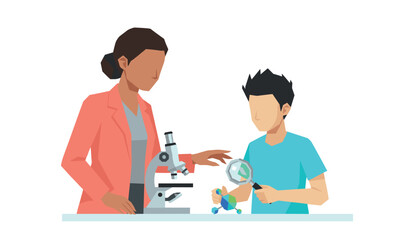 Obraz premium Science teacher guiding a young boy using a microscope and a molecule model to explore chemistry in a lab setting.