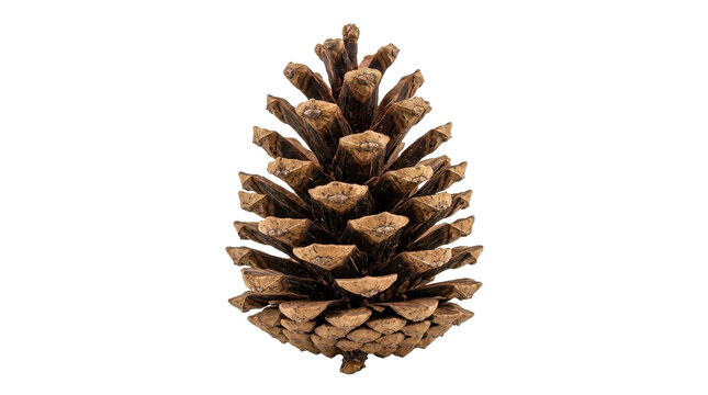 Detailed macro shot of a single brown pine cone isolated on a white background