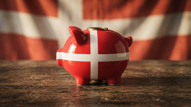 Vibrant red Danish flag-themed piggy bank on rustic wood surface perfect for financial marketing ads, website banners, or branding materials.