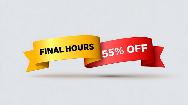 Red and yellow sale banner with final hours and fifty five percent off text on light background for retail promotion and ecommerce design