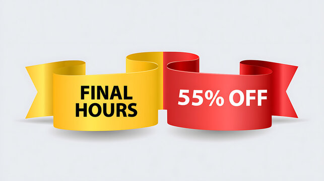 A vibrant yellow and red ribbon banner featuring text for final hours and fifty five percent off sale discount promotion on white background