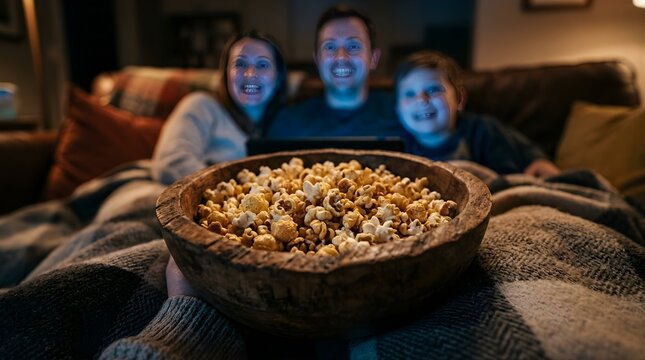 Happy family eating popcorn and watching a movie on a sofa at home