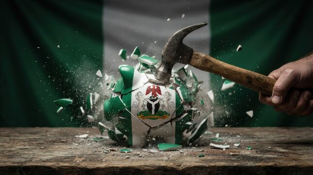 High-impact stock photo showing a hammer smashing a shattered national flag emblem against a green and white backdrop ideal for protest, political, or social media marketing designs.