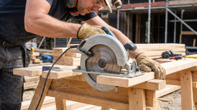 Skilled carpenter cutting wood with powerful miter saw in workshop setting