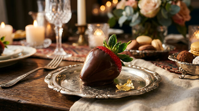 A single chocolate covered strawberry on a vintage silver plate