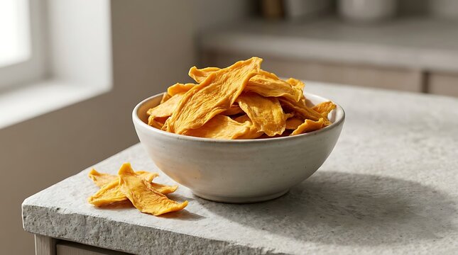 A ceramic bowl filled with delicious dried mango slices resting on a stone counter in a home kitchen. dried mango flakes