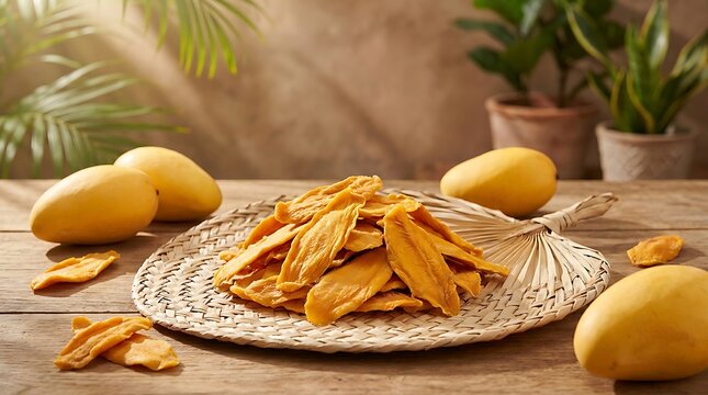 Healthy dried mango slices on a woven tray with fresh ripe mango fruit on a wooden table in the kitchen. dried mango flakes