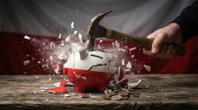 Dramatic stock photo of a shattered red piggy bank with coins spilling out, hammer striking for powerful financial failure concept ideal for marketing, web banners, and business presentations.