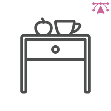 Bedside table with breakfast line icon, furniture concept. Vector graphics. Table with drawer sign and editable stroke, outline style icon for mobile or web design.