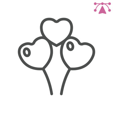 Heart shaped balloons line icon, mother day concept. Vector graphics. Festive mood sign and editable stroke, outline style icon for mobile or web design.