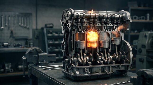 Cross section of a car engine combustion chamber with glowing fire and pistons