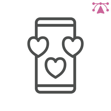 Telephone with hearts line icon, communication and proximity concept. Vector graphics. Smartphone, gadget sign and editable stroke, outline style icon for mobile or web design.