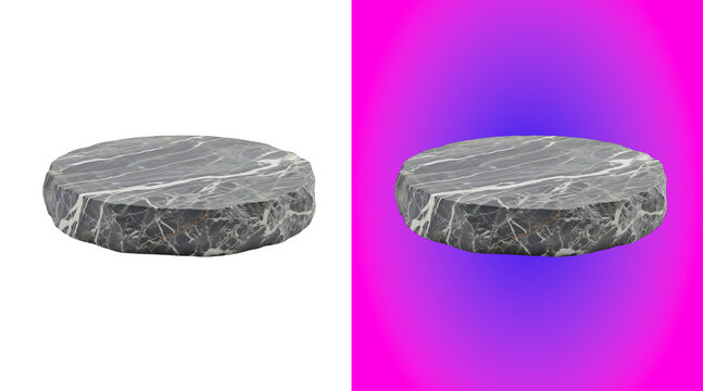 A round display pedestal made of grey marble with white veining, isolated on a white background, for product, and staging
