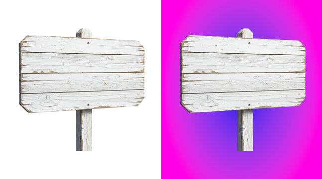A rustic wooden signpost with a weathered white painted finish, isolated on a white background, directional signage and messaging