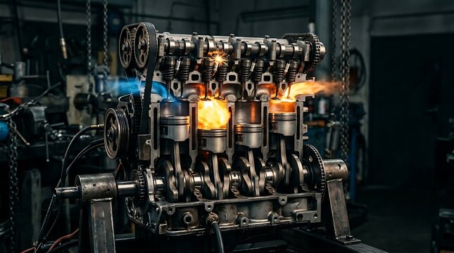 Sectioned car engine display demonstrating internal mechanics and fuel combustion with engine block