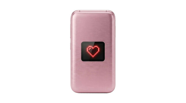 Retro pink flip phone displays a pixelated red heart on its external screen