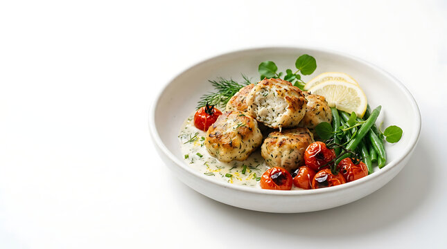 Gourmet fish meatballs with herb sauce, roasted tomatoes and green beans on a plate