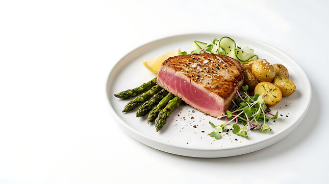 Gourmet seared tuna steak plated with asparagus and roasted potatoes on white dish