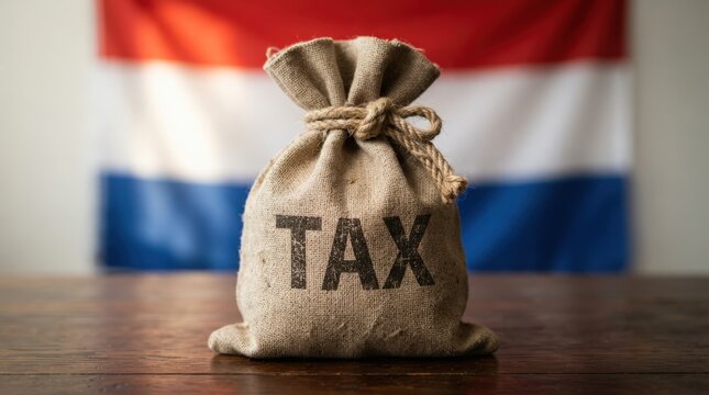 Professional tax money bag mockup with Netherlands flag backdrop ideal for finance marketing web banners corporate presentations and tax-related graphics.