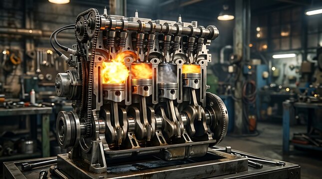 Industrial internal combustion engine block cross section with burning pistons in a mechanical shop