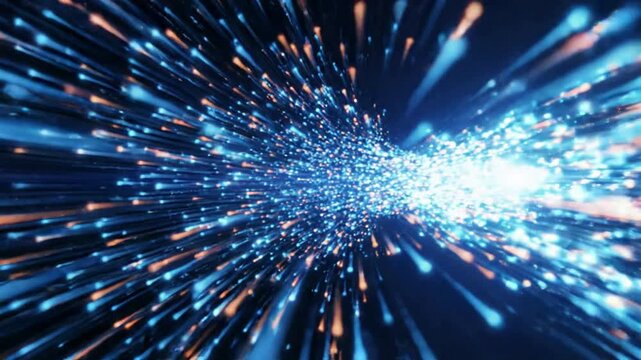 Abstract digital data stream tunnel, high-speed fiber optic network connection, glowing blue particle motion background