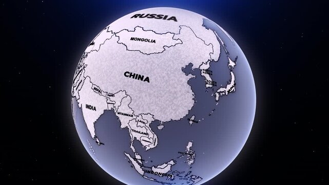 A futuristic digital globe map highlighting China at the center, including India, Mongolia, Nepal, Bhutan, Bangladesh, Myanmar, Laos, North Korea, South Korea, 