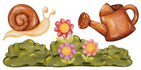 Cute Snail with Watering Can in Garden Bed Watercolor Clipart © Tinulya