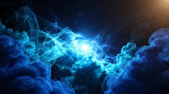 Abstract blue nebula energy background, with glowing light, particles and swirling, cosmic smoke clouds