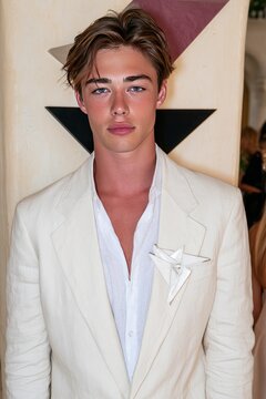 Stylish Young Man in White Suit with Origami Brooch at Fashionable Event