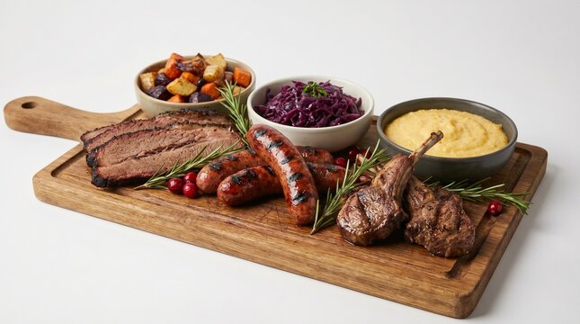 Gourmet Meat Platter Featuring Smoked Brisket Sausages and Lamb Chops on Wooden Serving Board