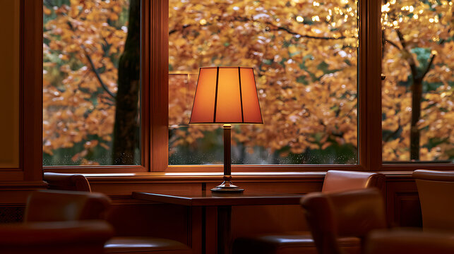 Cozy autumn interior with a warm glowing desk lamp placed on a wooden table beside a large window overlooking colorful foliage outside
