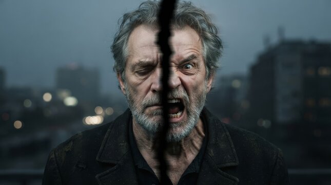 Man with split face showing calm and angry emotion. Mature male portrait divided by black crack revealing hidden rage and dual