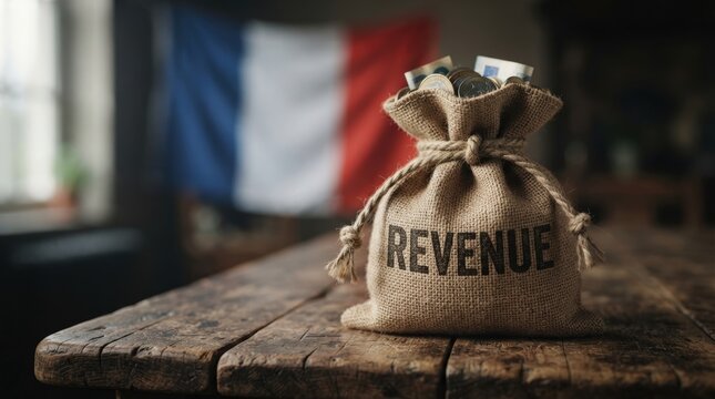 Stylish close-up stock photo of a burlap sack labeled revenue filled with coins on rustic wooden table perfect for business marketing.