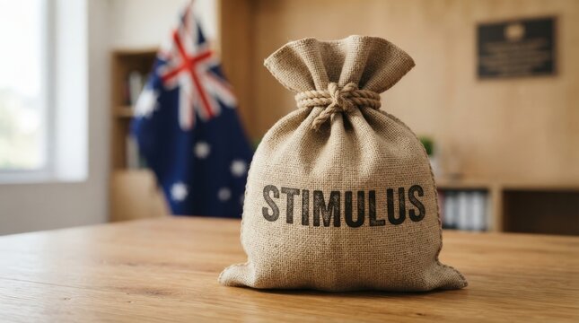 Professional stimulus package mockup featuring a burlap sack on a wooden table with Australian flag backdrop ideal for economic marketing presentations websites and business reports.
