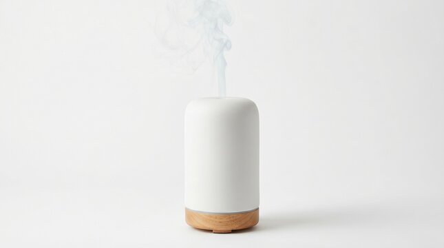 Minimalist white essential oil diffuser with mist on white background