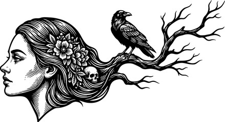 Obraz premium Gothic Woman with Raven and Skull Woodcut Illustration
