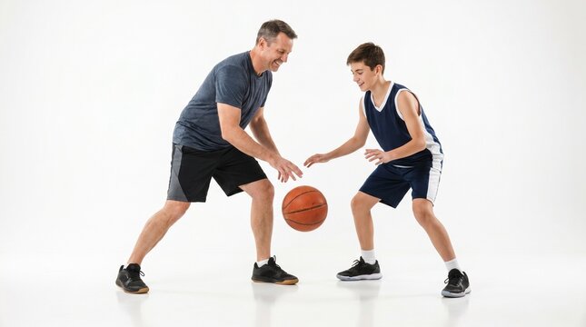 Father and son basketball coach training in studio