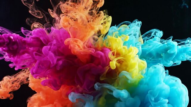 Vibrant multi-color ink explosion in water, abstract colorful smoke swirls on black background, for creative motion