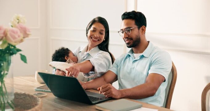 Smile, parents and baby in home with tablet, online banking and statement of medical aid bills. Happy, people and infant at house with tech, finance records and birth registration for family benefits