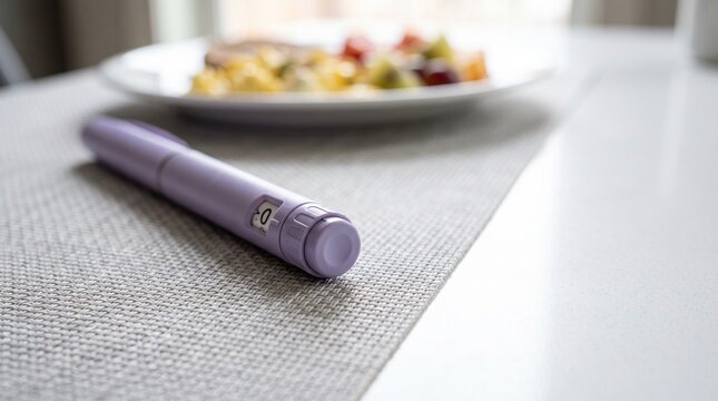 Diabetes medication pen on table next to a meal for health management and medical treatment concepts