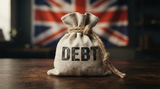 Professional debt concept stock photo featuring a fabric sack labeled debt with UK flag backdrop ideal for financial marketing presentations.