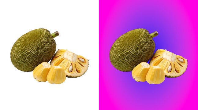 A whole green jackfruit with a bumpy texture next to two yellow, fleshy segments, isolated on a clean white background, tropical fruit concept