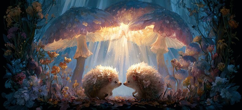 Two tiny hedgehogs share moment under canopy of glowing mushrooms and tall wildflowers, majestic sunbeams at forest edge, romantic woodland glow