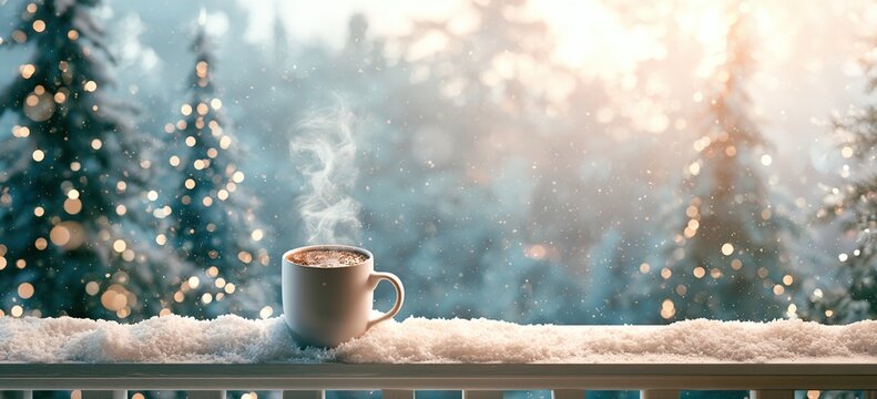 Twinkling Christmas trees in blurred watercolor forest behind cocoa mug, steam rising, snowy railing, warm glow, upper third reserved for text
