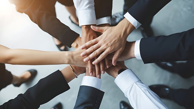 A group of diverse business people stacking their hands together in a circle to show unity, teamwork, and corporate success