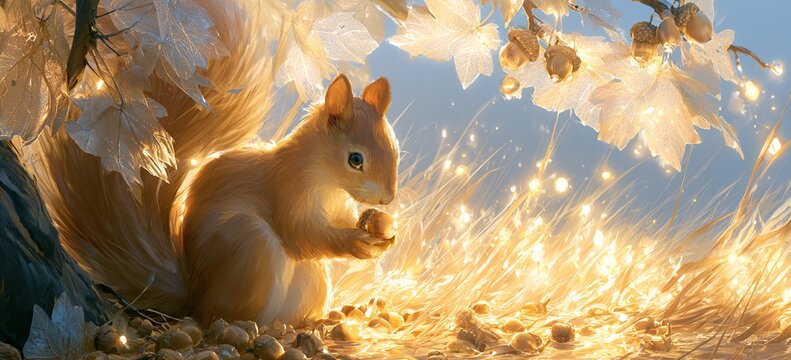 Squirrel gathers glowing acorns in sunlit meadow where translucent leaves filter light, grass shimmering like liquid gold, warm autumn moment