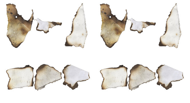 Burnt paper scraps isolated on white background, vintage scorched parchment fragments, charred paper edges for collage design