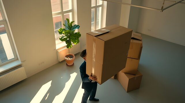 A man in a suit carrying a large cardboard box in a bright office space with windows and a large green potted plant