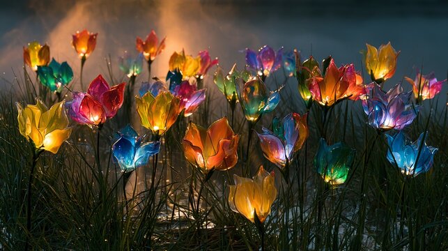 Grassy field holds scattered hand-blown glass blooms, sunset rays caught in clear petals, rainbow reflections drifting through mist