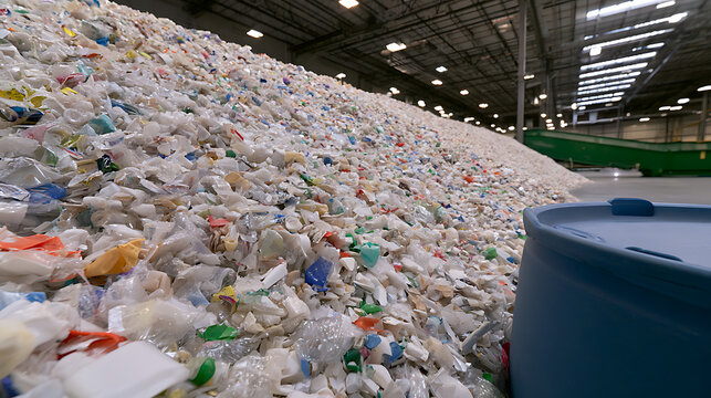 Massive pile of mixed plastic waste inside a large industrial recycling facility, highlighting environmental issues and global pollution challenges
